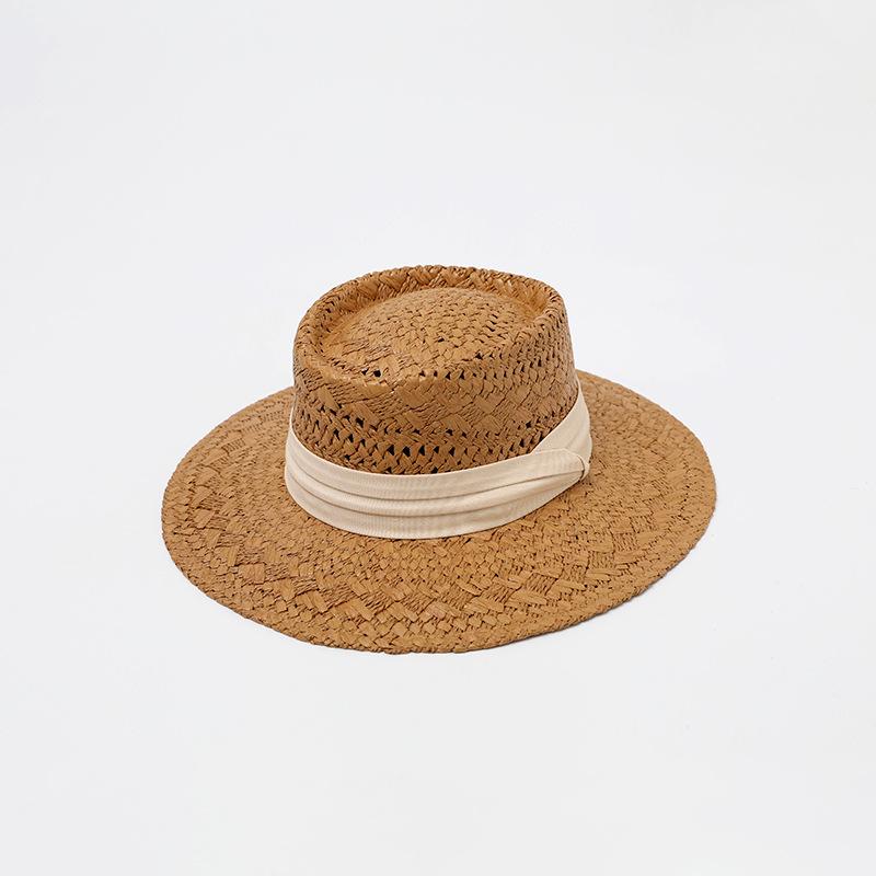 French Flat Top Elegant Retro Straw Hat Casual Women's Summer Hat Seaside Sunshade Sunscreen Woven Big Brim Beach Hat