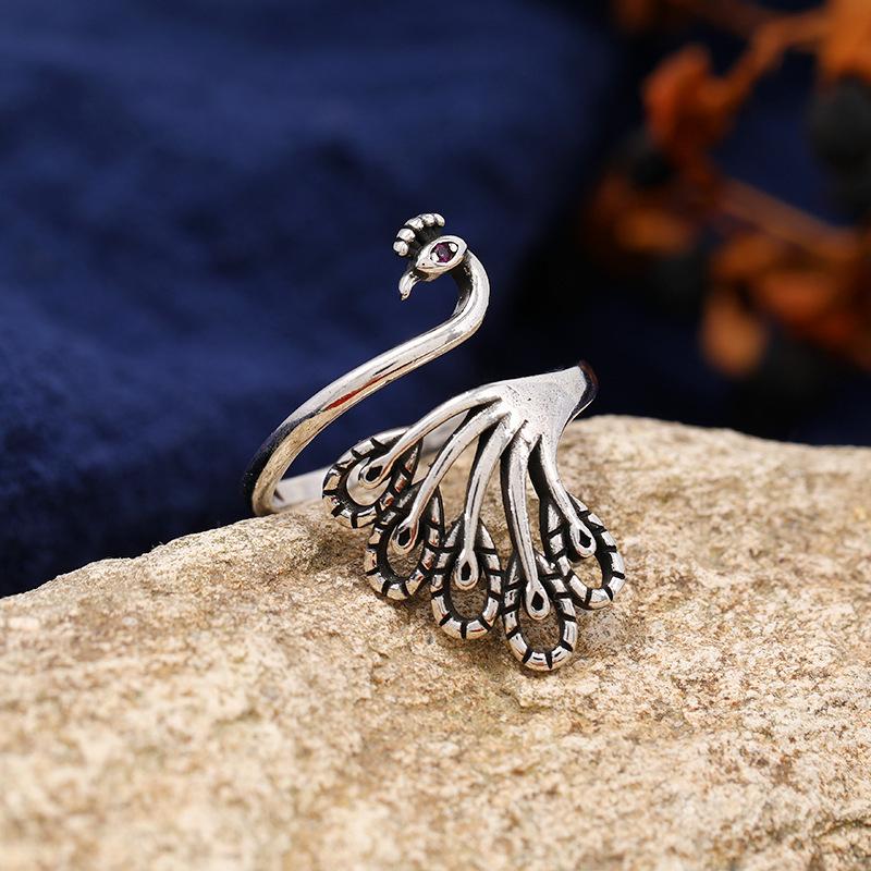 1Pcs Chinese retro style diamond-shaped hollow ring, peacock cloud motif, simple opening ring