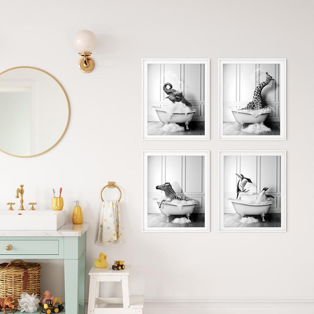 Black White Animals In Tub Canvas Posters and Print Penguin Elephant Zebra Giraffe Wall Art Painting Pictures For Bathroom Decor No Frame