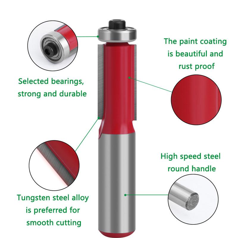 1/4 stk 1/2 tommer 12 mm skaft ende Dobbel fløyter Kulelager Flush Router Bit Rett skaft Trim Trefreser for trebearbeiding