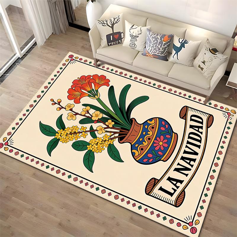 Blumenvase Druck Teppich mit "La Navidad" Text und festlichem Design Geeignet für den Einsatz als Anti-Rutsch für Wohnzimmer Schlafzimmer Sofas