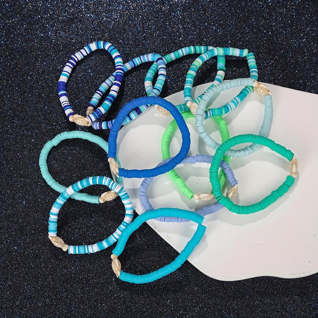 WTEMPO Summer Ocean-Themed Polymer Clay Bracelet Set Cute Stackable Stretch Bracelets & Anklet with Synthetic Turquoise and Sea Turtle Charms