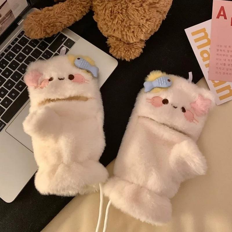 Cute Cat Plush Gloves | Fuzzy Warm Half-Finger Mittens with Fish Decoration for Winter
