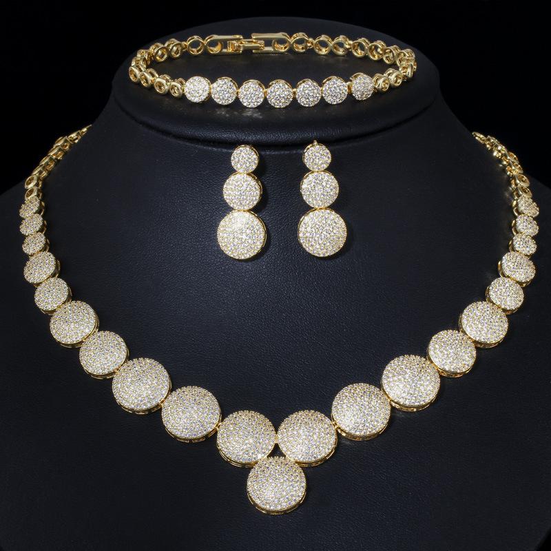 

T0142 Bridal Dinner Wedding Full Diamond Accessories, High-End Zircon Round Necklace Earrings Bracelet Three-Piece Set