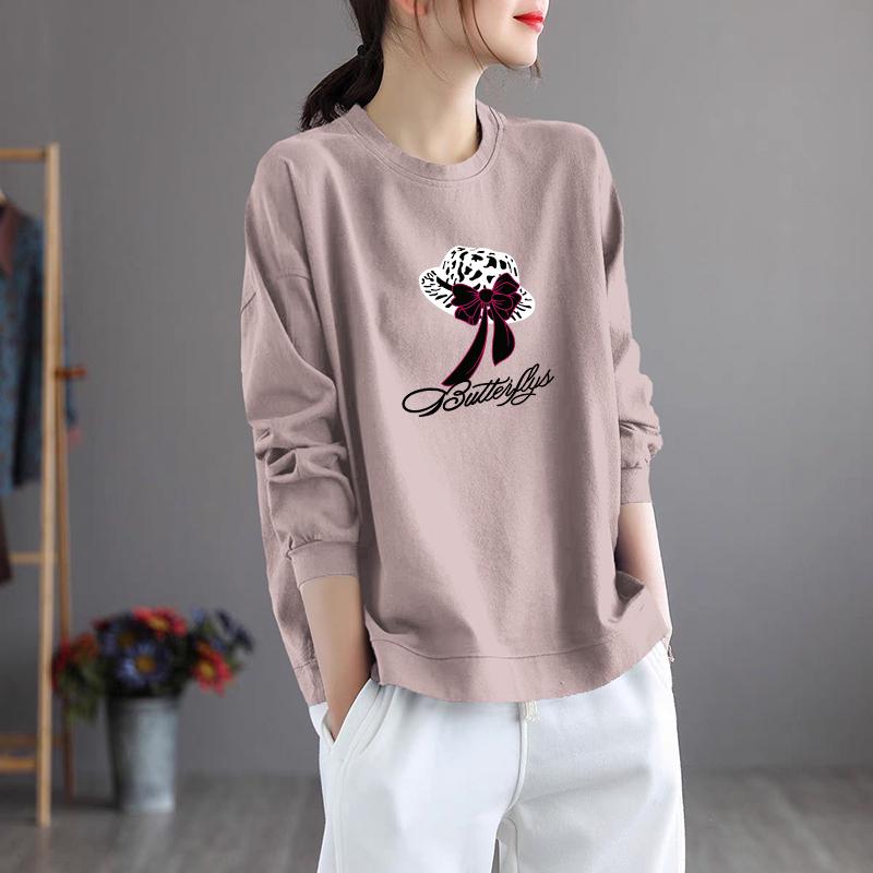 Brand Women's Plus Size Long Sleeve Printed Cotton Top – Round Neck, Casual Style