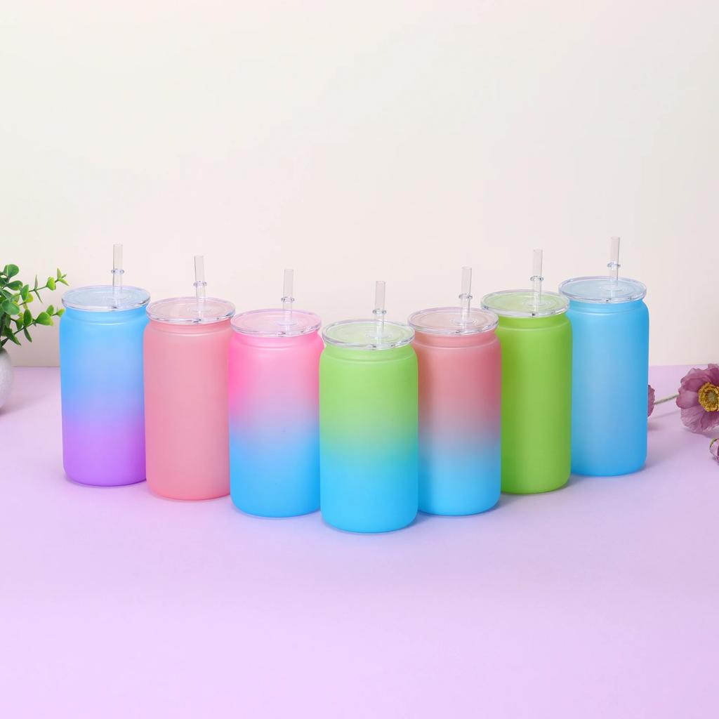16oz Farbverlauf Becher mit Strohhalm - Sturzsicher Tragbare Kunststoff-Wasserflasche Praktischer Hitzebeständiger Sublimationsbecher für Zuhause & Outdoor