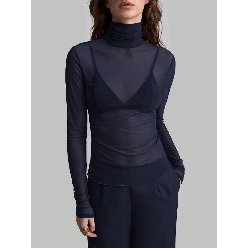 DAFIFY Women's Fashion Casual Spring Autumn Solid Color Print Long Sleeve High Neck Blouses & Shirts