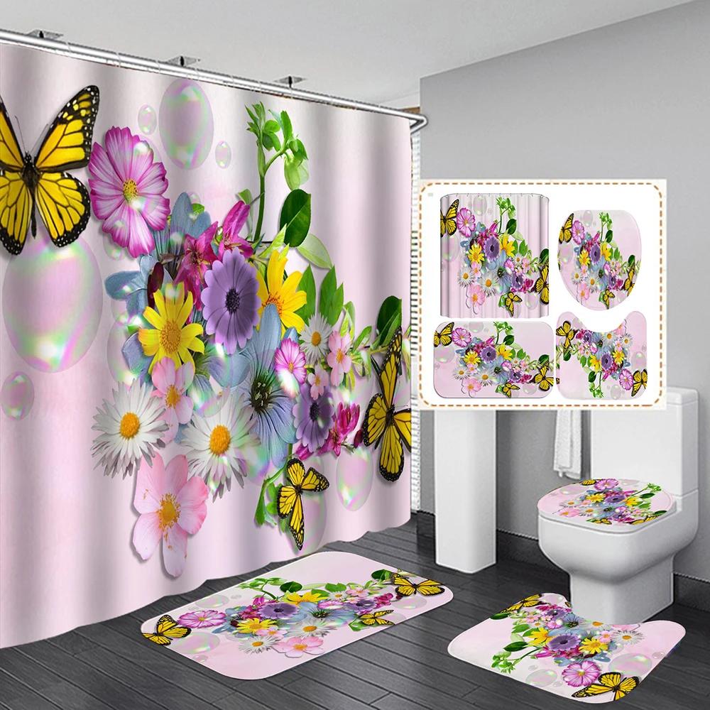 Colorful Flowers Fabric Shower Curtains Bath Mats Rugs Toilet Lid Cover Beautiful Butterfly Flower Bathroom Curtains Set Decor