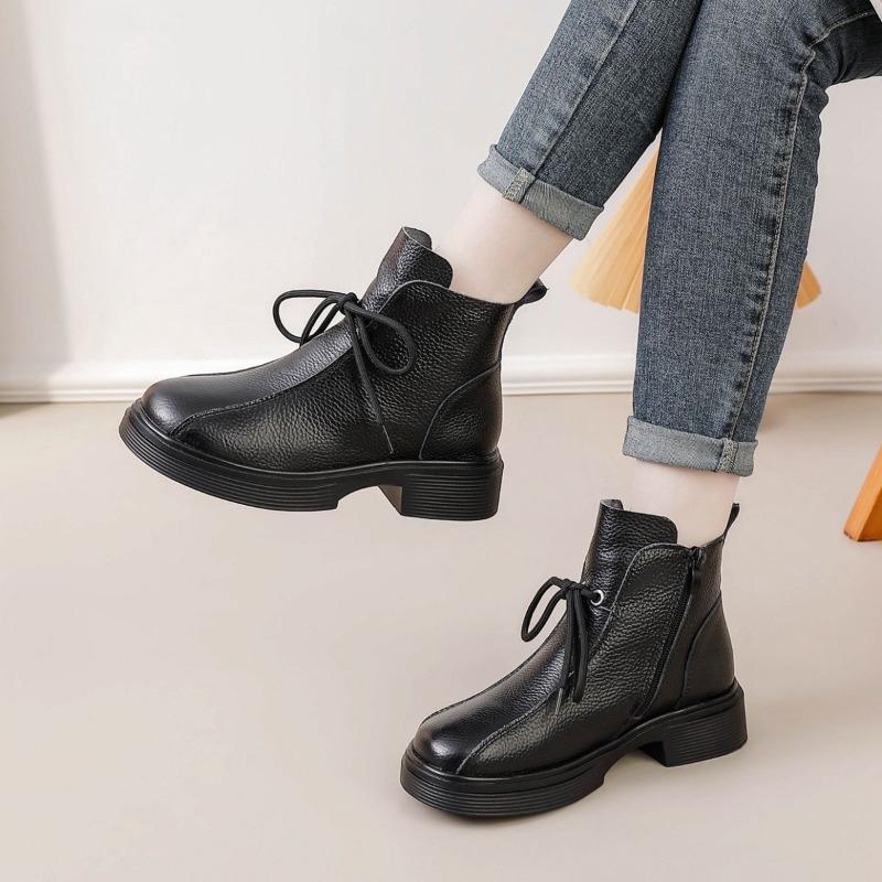 2026 Autumn Early Winter Genuine Leather Shoes Women Ankle Boots Soft Fashion Brand Ladies Party Shoes Plus Size 41 Beige Black