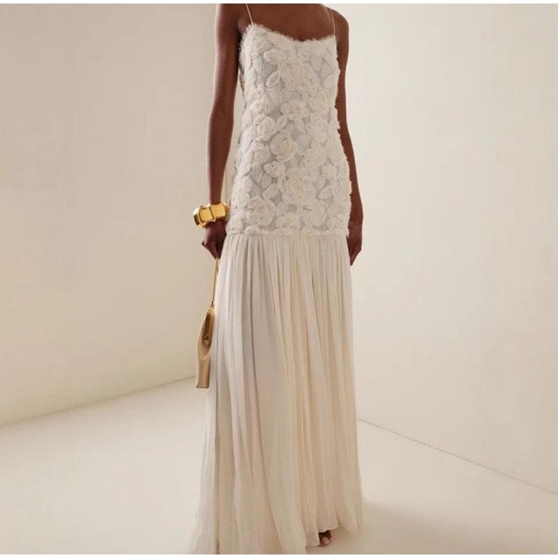 3D Flower Patchwork Long Dress Women Spaghetti Strap Sleeveless Backless Elegant Evening Dresses