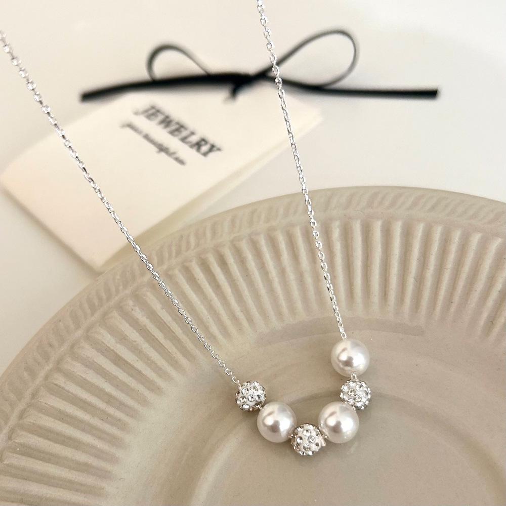 S925 Sterling Silver Manta Rose Purple Pearl Necklace with Diamond Ball Pendant - Women's Elegant French Light Luxury Clavicle Chain.