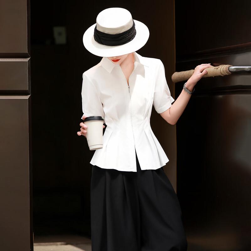 Lansere Women's Commuter Pleated A-Line Short Sleeve Lapel Shirt