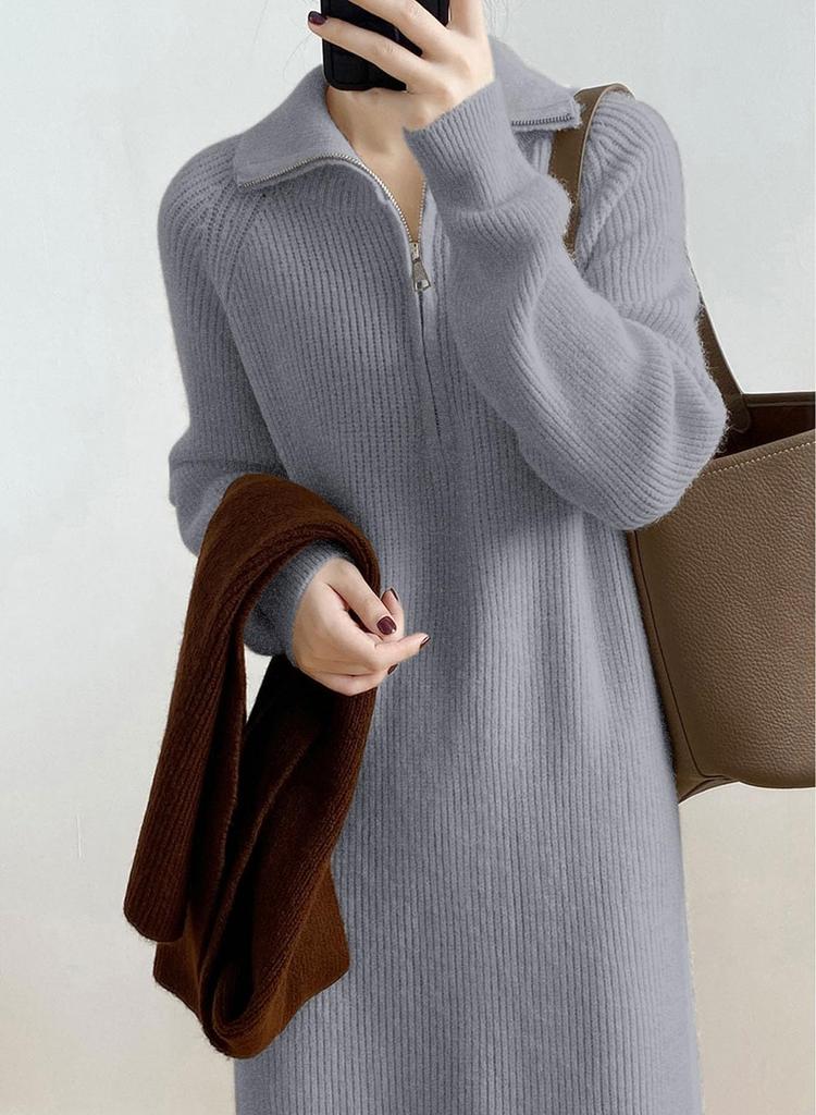 Sueeya Knit Ribbed Long Knit High Long Solid Perfect for Commuting or Night Out Women's Dress, Tunic, Half-Zip Collar, 2-Way, Neck, Sleeves, Warm,