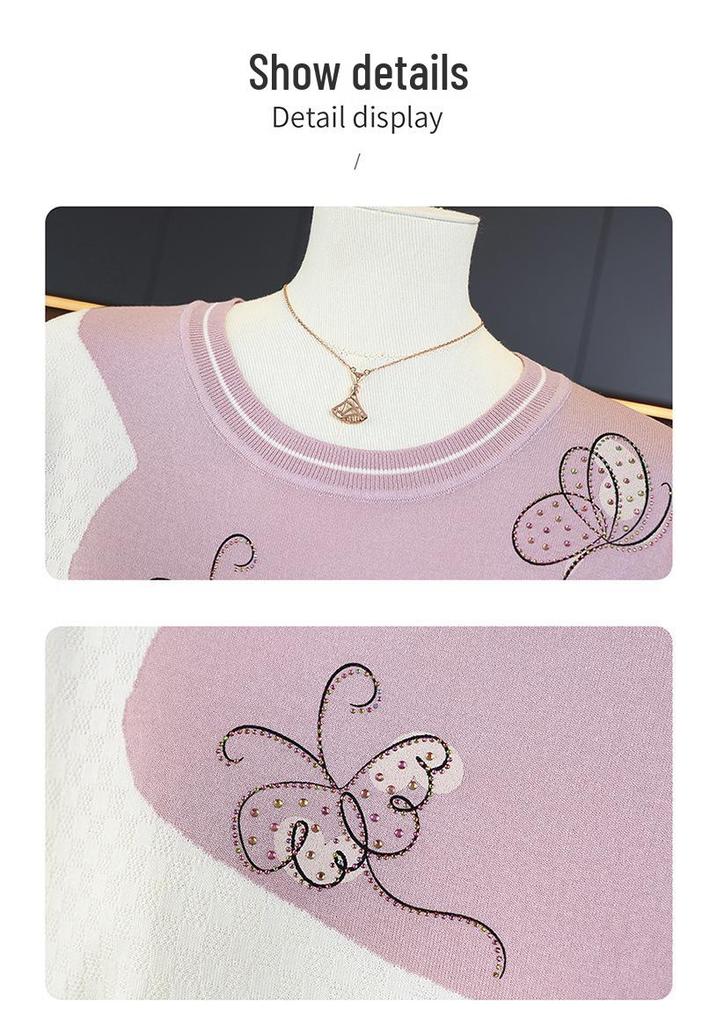 Women's Summer Ice Silk Short-Sleeve Knit Top - Loose Fit, Round Neck for Middle-Aged and Older