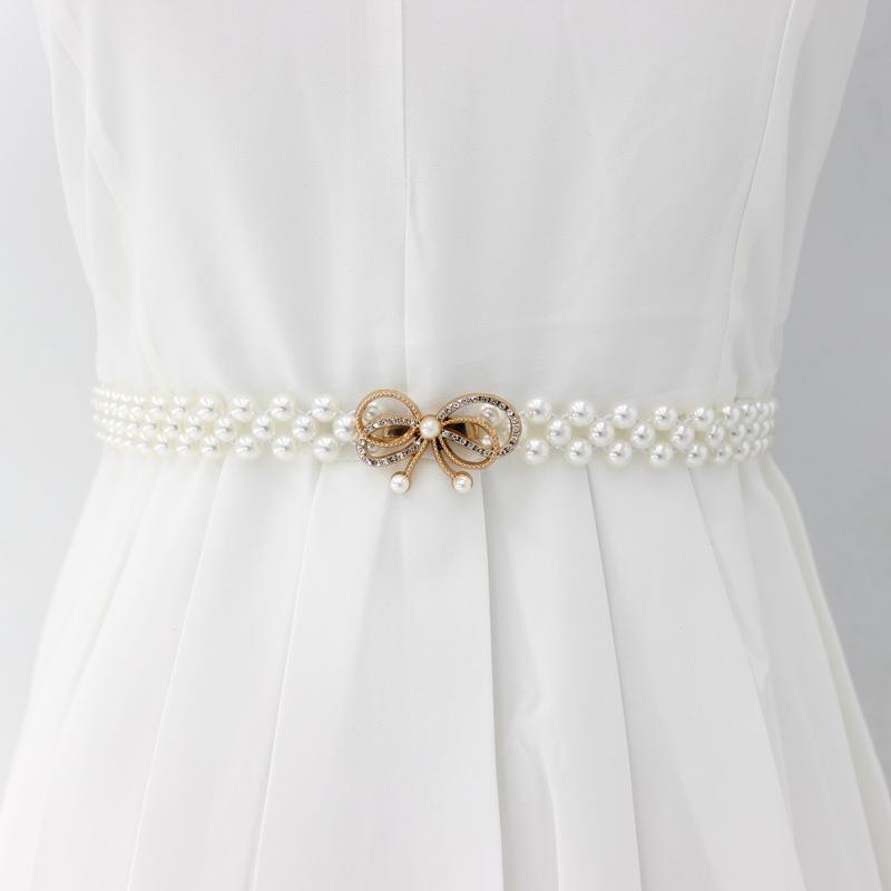 Korean Version of Women's Rhinestone Pearl Waist Chain Fashion Dress Decorative Elastic Waist Belt Women's Sweet Flower Elastic Waist Seal