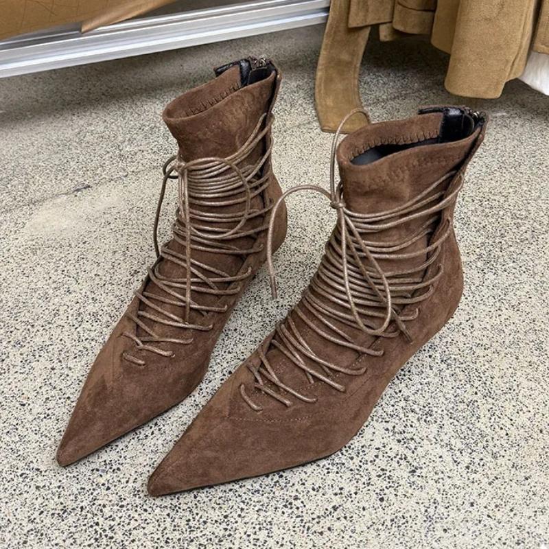 Retro Lace Up Pointed Toe Ankle Boots Women Suede Low Heel Fashion Dress Short Boot Ladies New Autumn Women Boots Botas Mujer