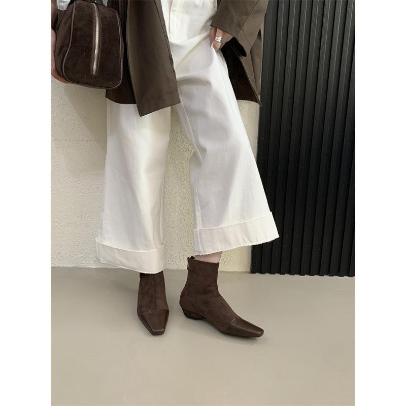 Low-heeled short boots Women's thick-heeled autumn and winter design sense Splicing square-headed thin boots and bare boots