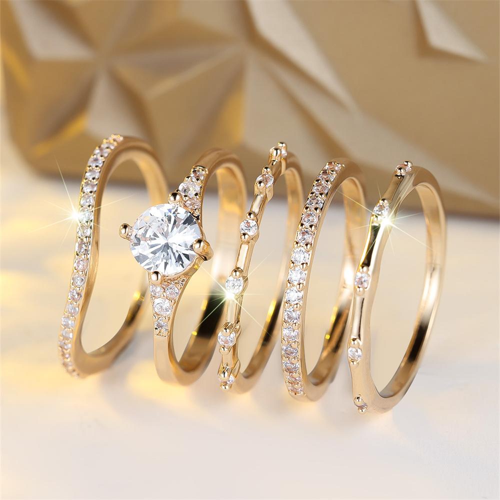 5pcs/Set Luxury Crystal Round Stone Engagement Ring Sets For Women Vintage Gold Color White Zircon Wedding Jewelry Bridal Gifts