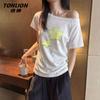 TonLion Damen Off-Shoulder T-Shirt mit Cartoon-Print