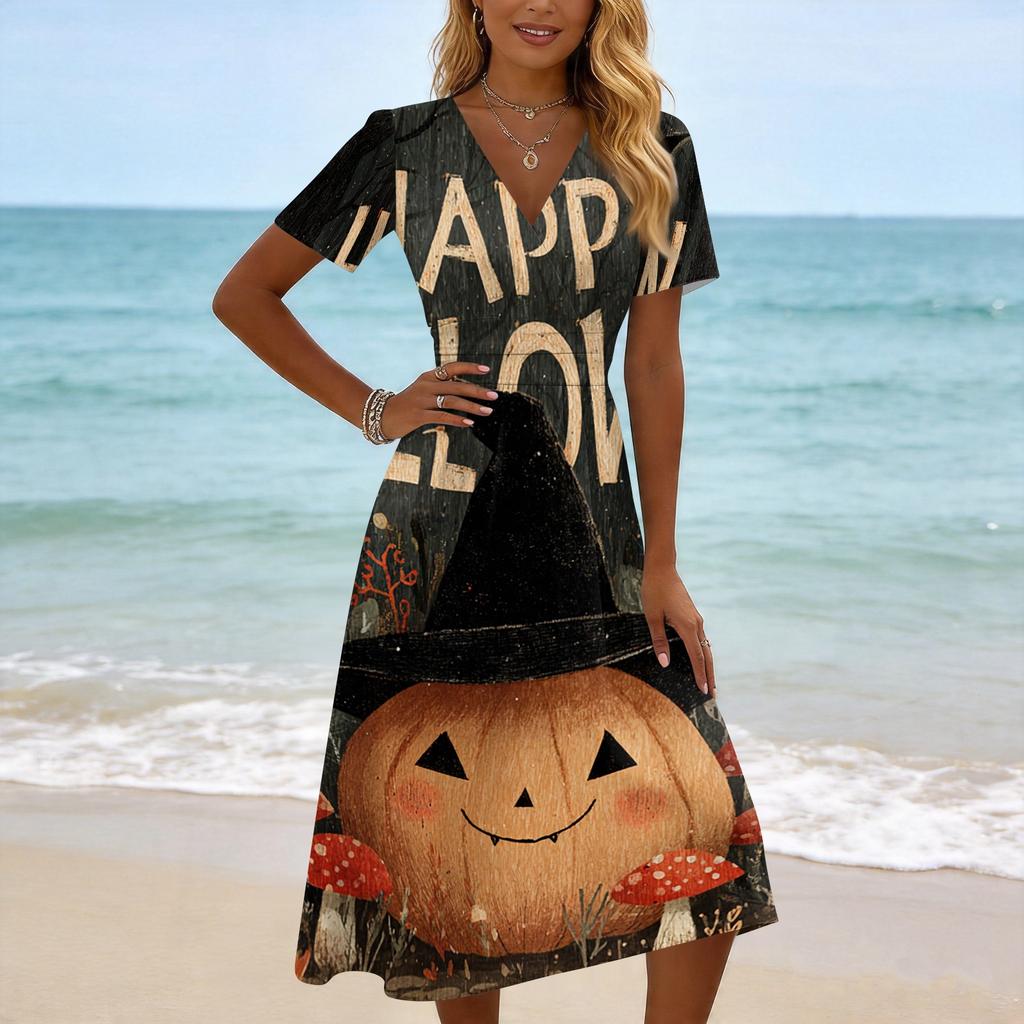 Women's Casual V Neck Short Sleeve Midi Dress Halloween Print Comfortable Fit Flared Skirt Lightweight Fabric Suitable for Daily Wear