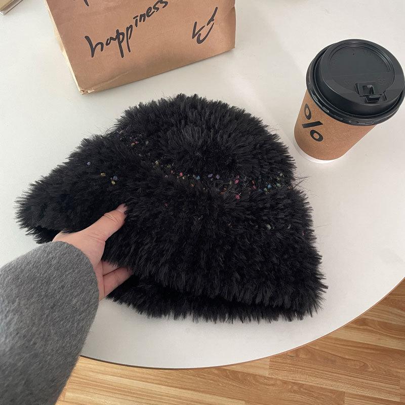 Klobouk typu bucket hat s fazolemi plyšový vlněný klobouk klobouk s velkým obvodem hlavy dámský nový zimní zmenšující obličej s chráničem uší pletený klobouk