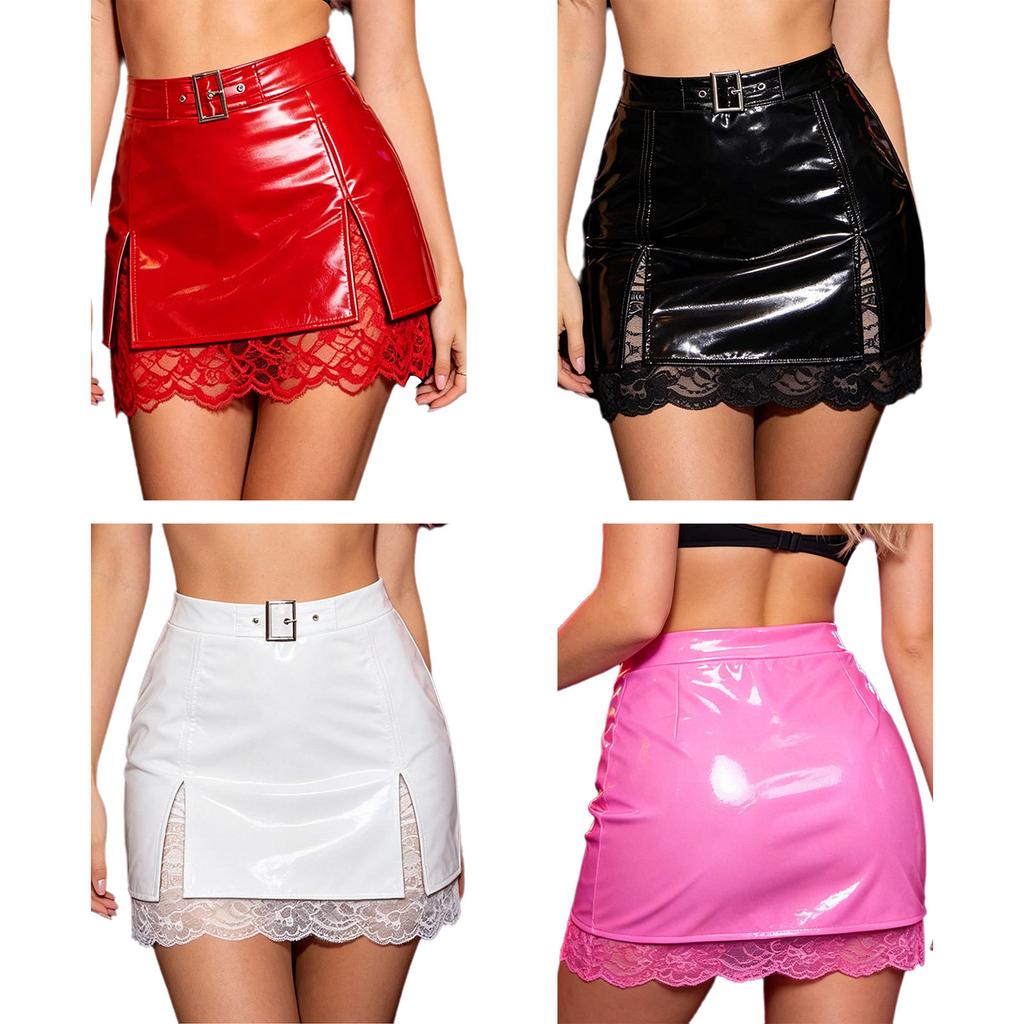 Γυναικεία Γυαλιστερό Δέρμα PU Bodycon Μίνι Φούστα Σχισμένη Άκρη Wet Look Επένδυση Δαντέλα με Φλοράλ Σχέδιο Ψηλόμεση Φούστα σε Επίπεδα