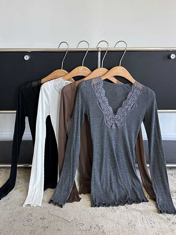Elegantes Spitzen-Patchwork-Damen-T-Shirt V-Ausschnitt mit Spitzenbesatz Langarm Slim Fit Bluse Einfarbig Süß Lässig Frühling Herbst Sexy Streetwear Kleidung
