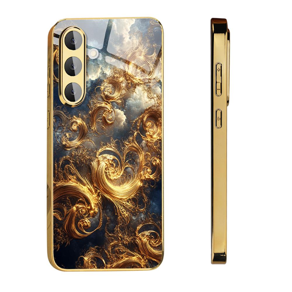 Gold-plated tempered glass phone case, compatible Galaxy S26, S25, S24, S23, and S22 Ultra Plus. Features a gold textured design
