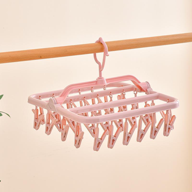 Foldable Laundry Drying Rack With 32 Clips 360 Rotating Hook For Home Dorm Use