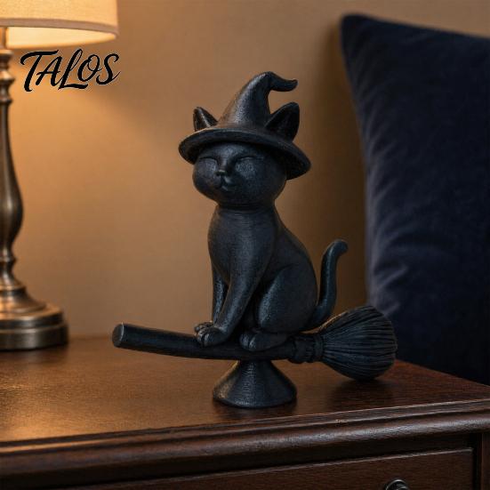 Talos Witch Cat Figurine, Black Riding Broom Statue, 3D Printed Ornament, Collectible Desktop Decoration for Home Office Decor