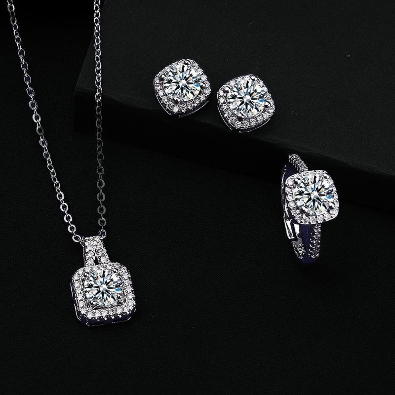Moissanite Necklace & 1 Carat Stud Earrings Set: Square Bag Jewelry with Clavicle Chain & Ring for Women