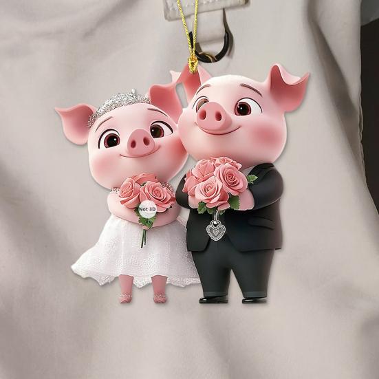 Pig Car Hanging Ornament 2D Acrylic Valentine’s Day Decoration Cute Love Theme Pendant for Rearview Mirror Wedding Party Decor