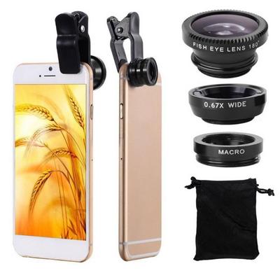 Čierna súprava 3v1 rybie oko + makro + širokouhlá spona na objektív fotoaparátu pre iPhone Samsung