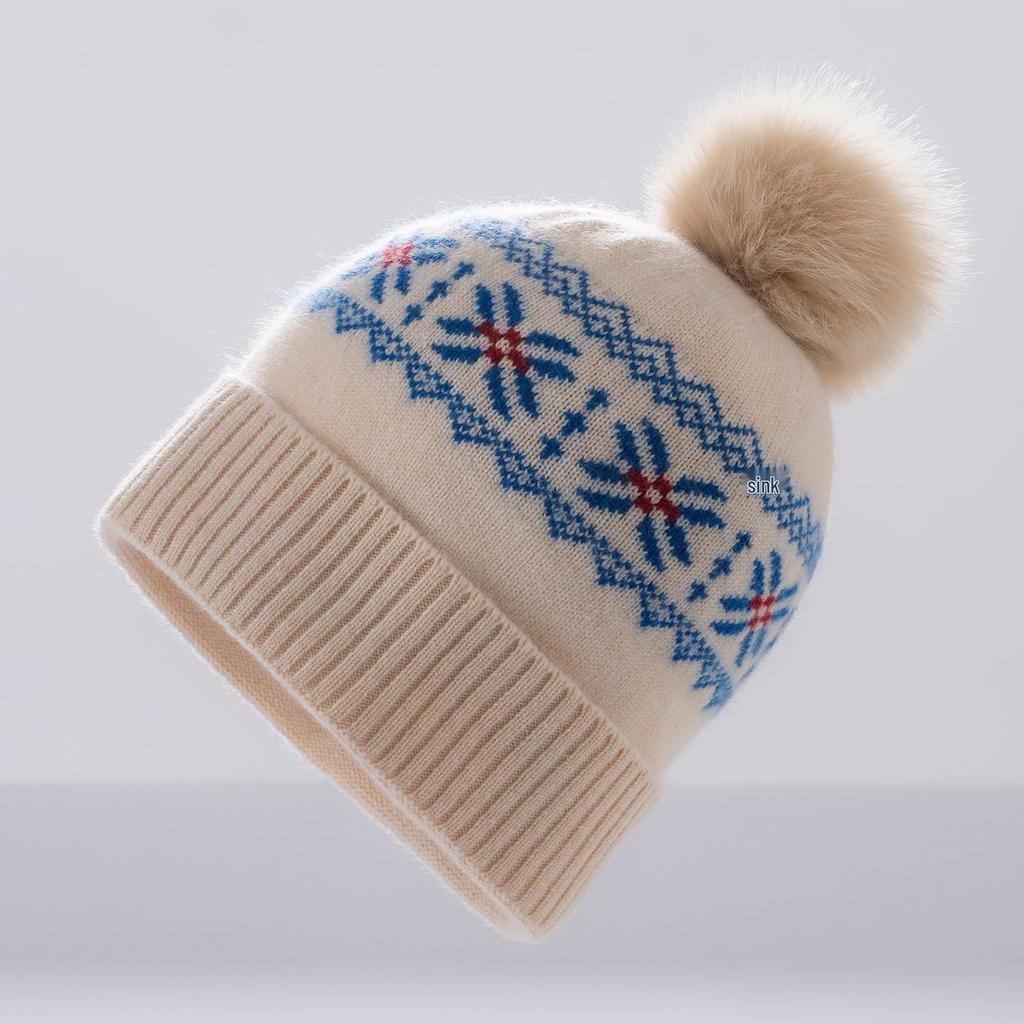 Women's Cashmere Pom-Pom Knit Hat - Warm Ear Protection, Jacquard Design, Face-Slimming Wool for Autumn and Winter.