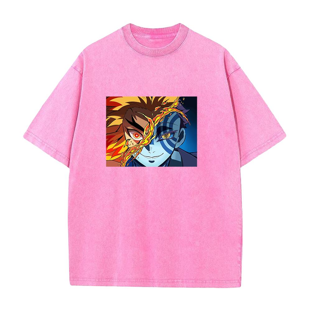 Demon Slayer Rengoku Kyoujurou Akaza Printed Tee Men Short Sleeve Clothing Washed Cotton T-shirt Vintage T Shirt