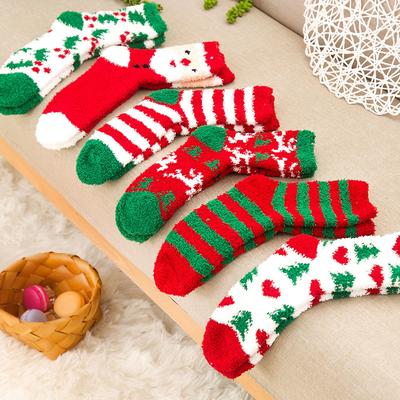 Santa Coral Fleece Socks Winter Christmas Moose Tree Pattern Warm Hose Women Cotton Cute Stockings