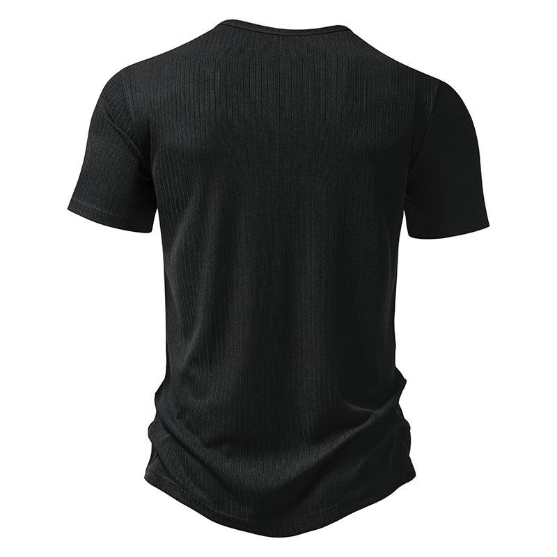 Nové letní pánské tričko Henry Collar s krátkým rukávem Jednobarevný pruh Ležérní Knoflíček Topy Trička Muž