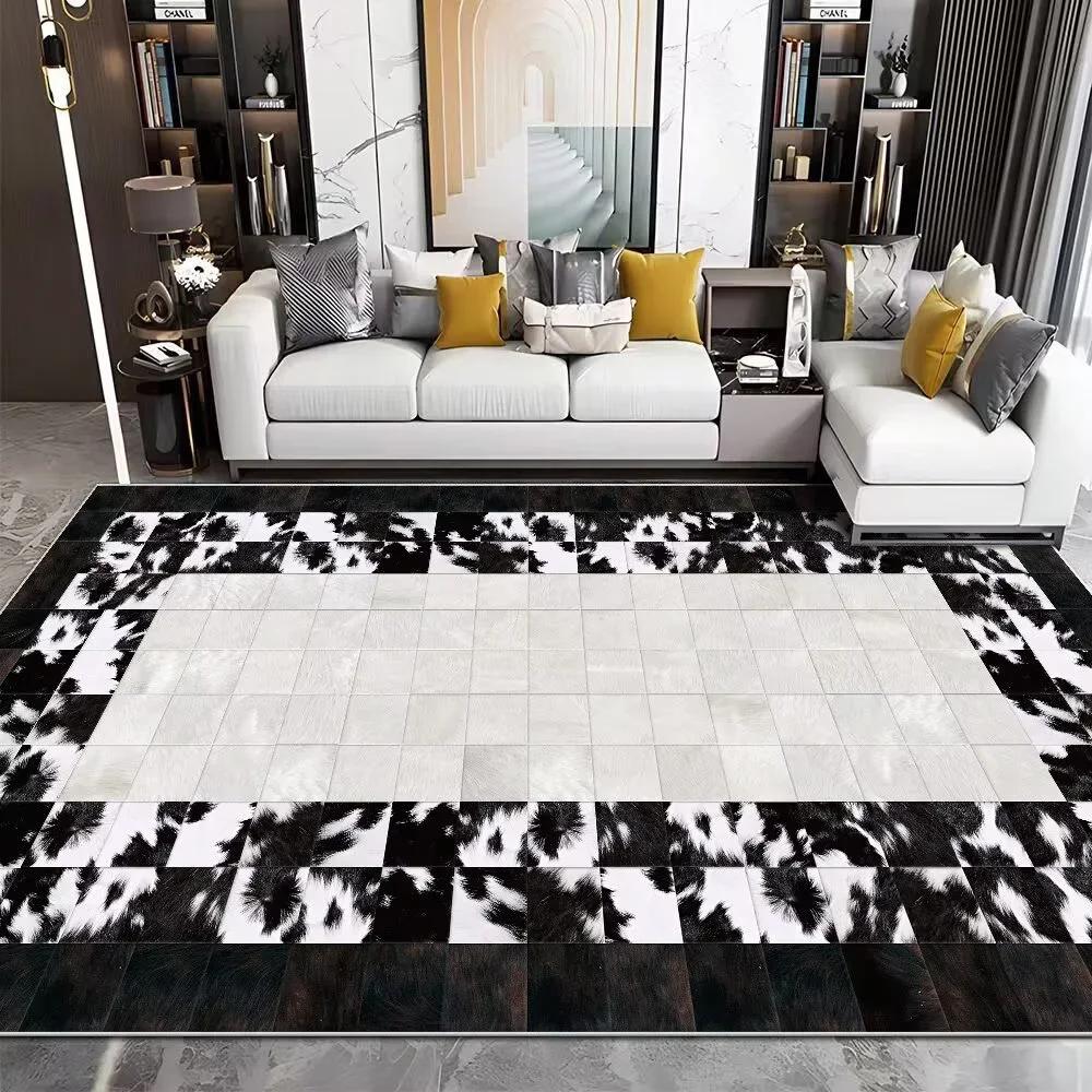 Modern Imitation Cowhide Luxury Living Room Carpet Sofa Area Rugs Bedroom Large Decorative Rug Washable Porch Anti-Slip Mat