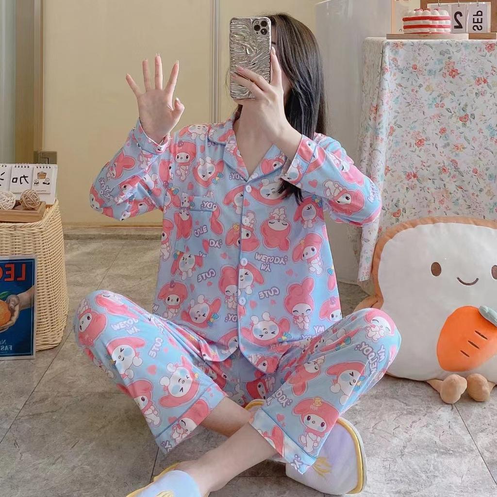 2pcs Spring And Autumn Ladies Pajamas Girls Homewear  Of Autumn And Winter Cartoon Cute Homewear Long-Sleeved Trousers Set