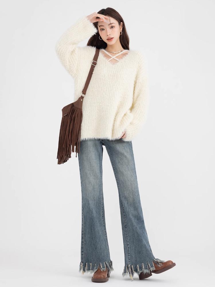 Zimowy sweter z dekoltem w serek dla kobiet Delikatne paski Luźny Słodki Leniwy Styl Pulower Dzianina Irregularny Japoński Styl Moda Dzianinowy Top