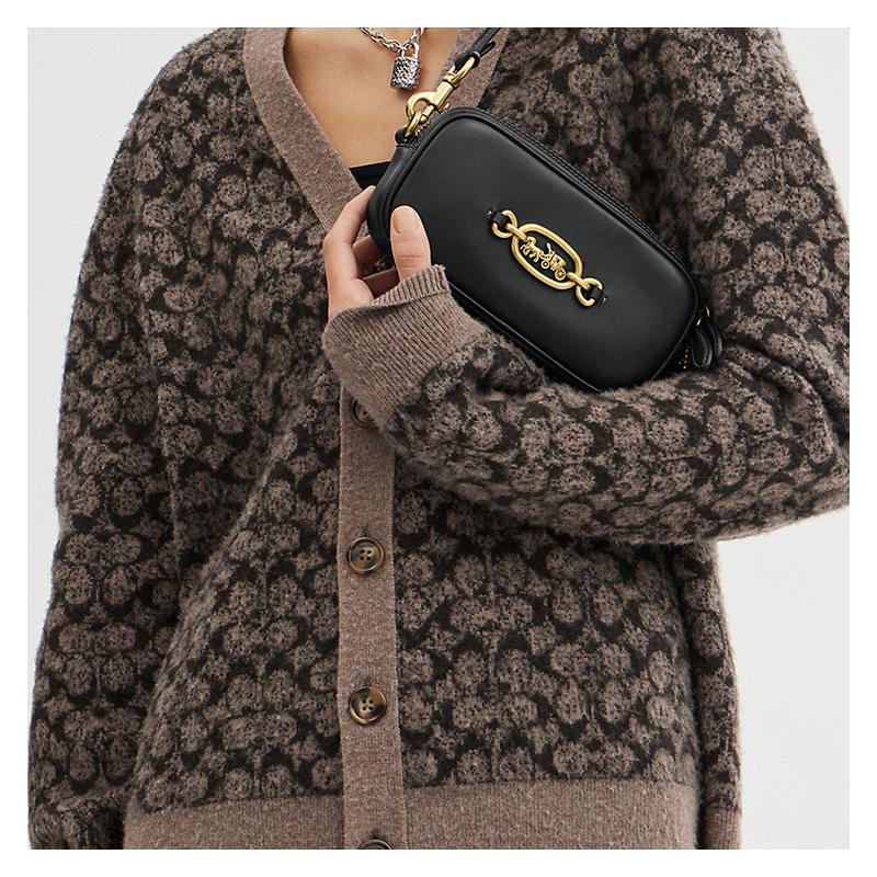 Coach Avery 20 Metal Logo Zip Closure Leather Crossbody Shoulder Bag Small Women Black