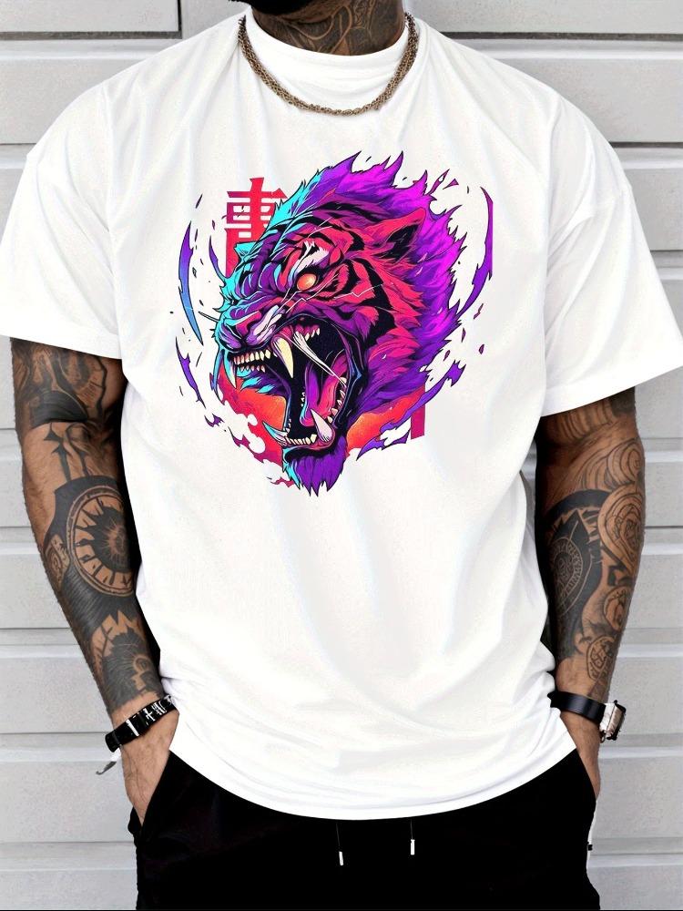 Unisex Red T Shirt Neon Color Roaring Tiger Head With Chinese Character Print Crew Neck Loose Casual Unisexs Short Sleeve Top