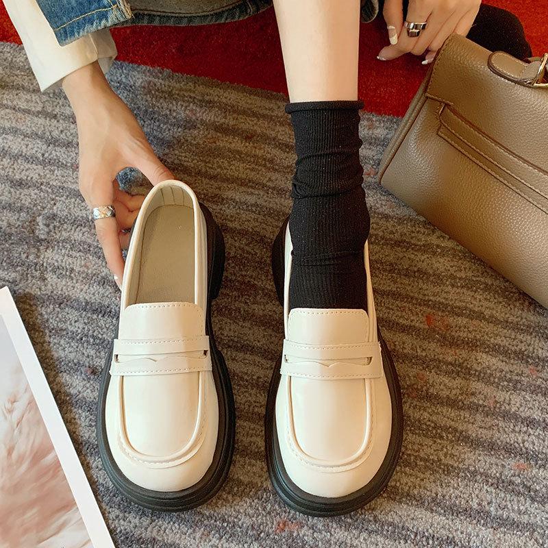 Mocassins Femininos 2025 Primavera Estilo Japonês Preto Sola Grossa - Sapatos Slip-On para Uniforme JK