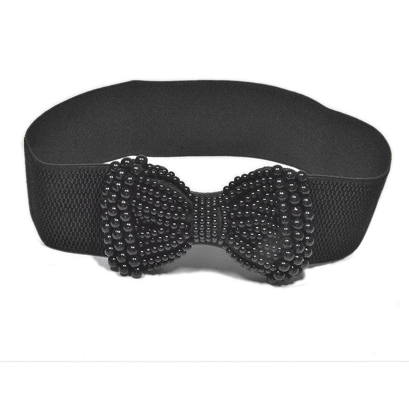 Women Pearl Bow Belt Elegant Wide Elastic Waist Cincher Fashion Accessory Dress Sash Wedding Party Waistband Stylish Adjustable All-Match Solid Color