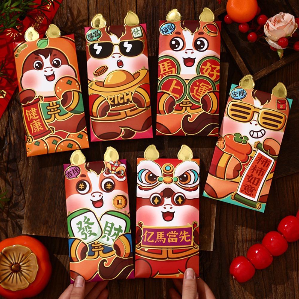 6pcs Red Color Spring Festival Hongbao Cartoon Lucky Money Envelopes Cartoon Red Packets Lunar Year