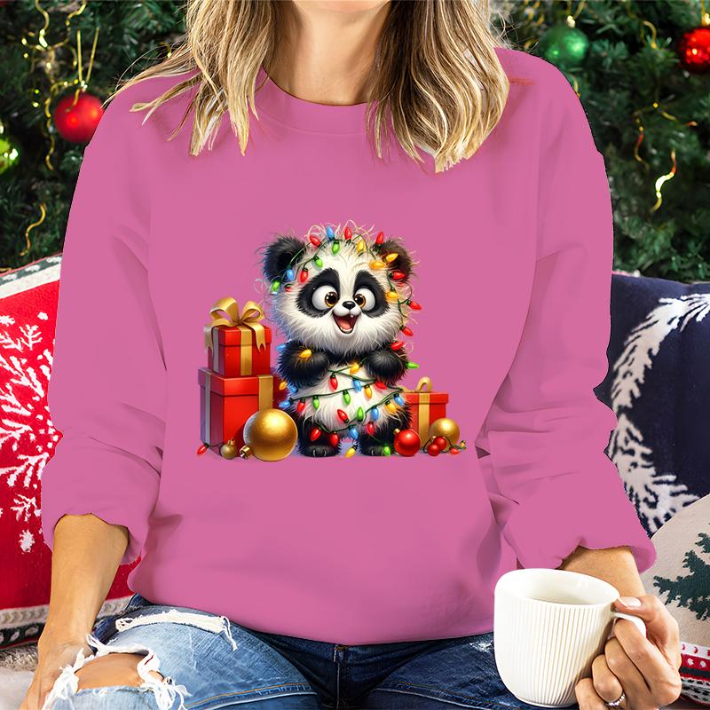Merry Christmas Cartoon Panda Lights Design Women Sweatshirt Graphic Christmas Kawaii Cartoon Panda Gifts Holiday Sweatshirts