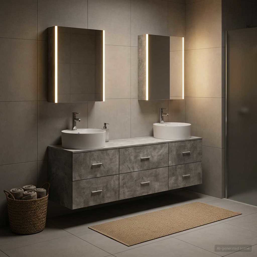 5 Piece Bathroom Furniture Set In Concrete Grey Engineered Wood and Glass