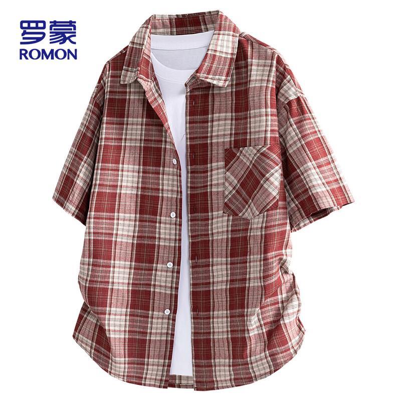 ROMON Men s Summer Plaid Short Sleeve Shirt S