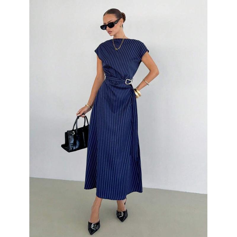 European summer new design navy blue stripes elegant commuter crew neck long dress XS