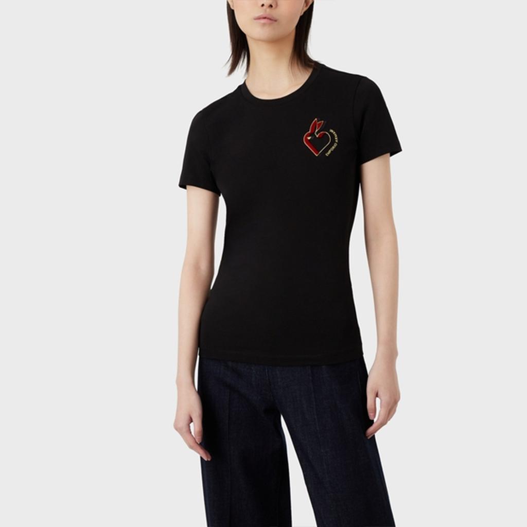 Emporio Armani SS23 Year Of The Rabbit Limited Edition Rabbit Embroidery Plain Knit Short Sleeve T-Shirt Women T-Shirt Black 3R2T8G-2J07Z-0999